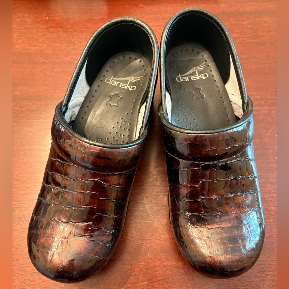 Dansko Brown Patent Leather Croc-Embossed Clogs